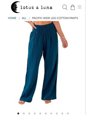 Lotus & Luna Pacific Wide Leg Cotton Pants — Teal Blue